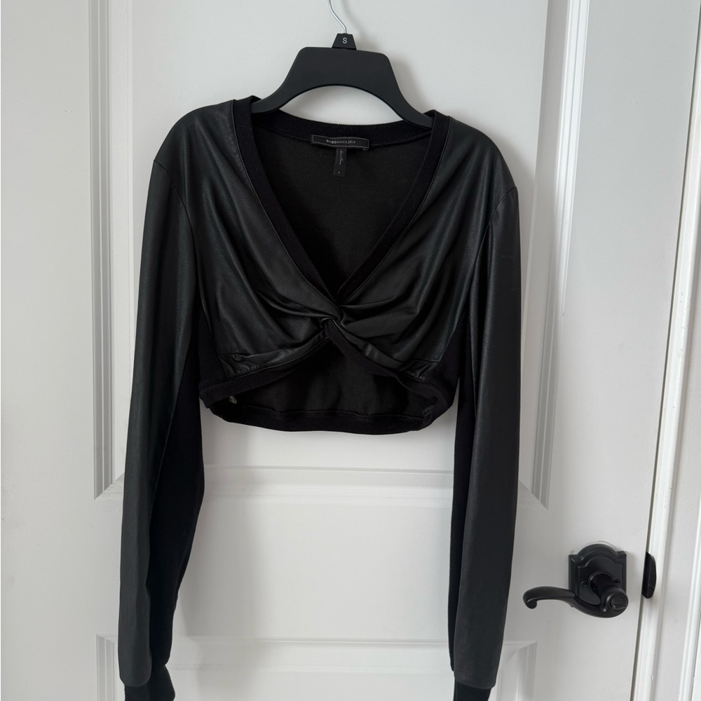 BCBG Black Long Sleeve Twist Front Top